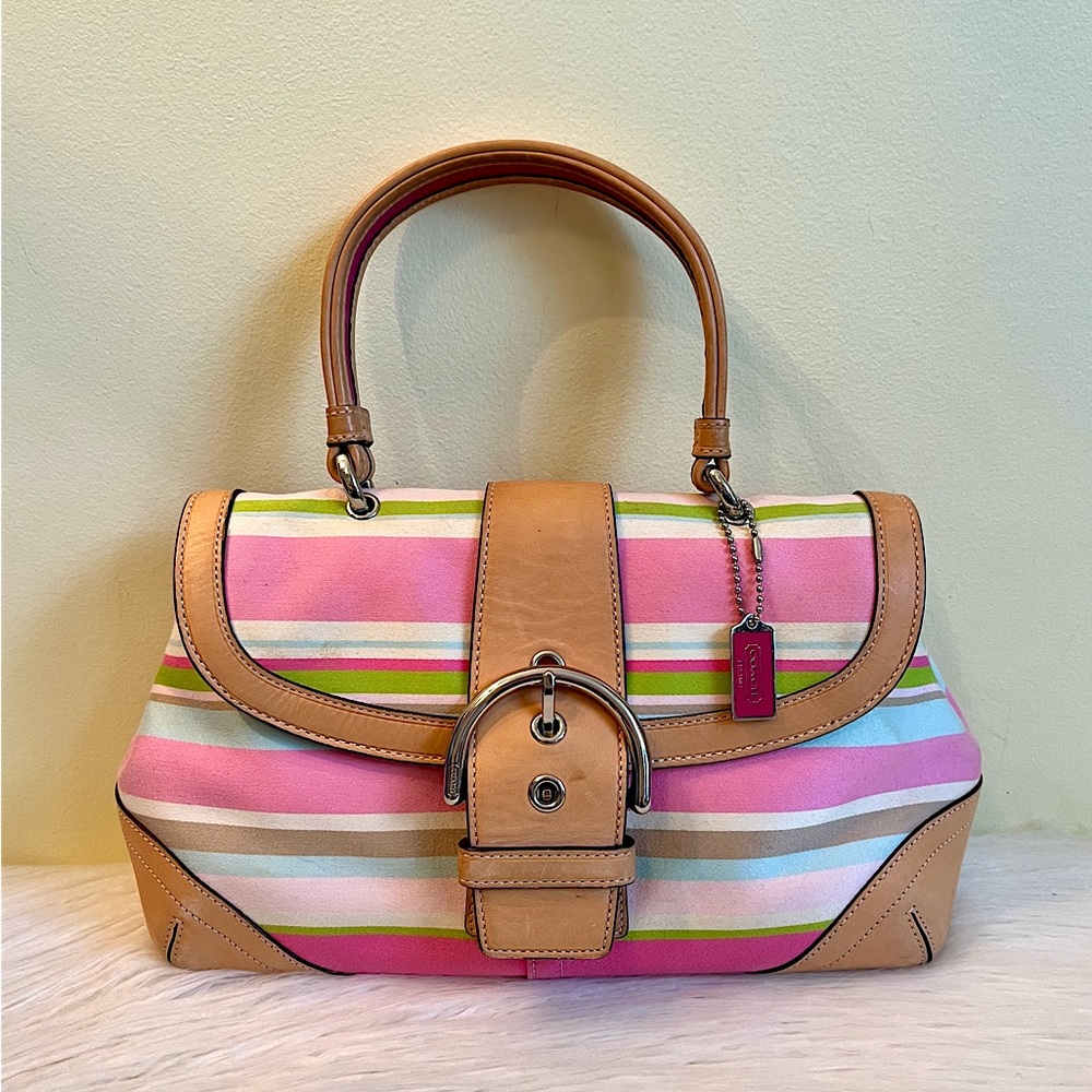 Coach Hampton Stripes Vachetta Handbag in Multi Color Stripe Canvas Satchel Bag